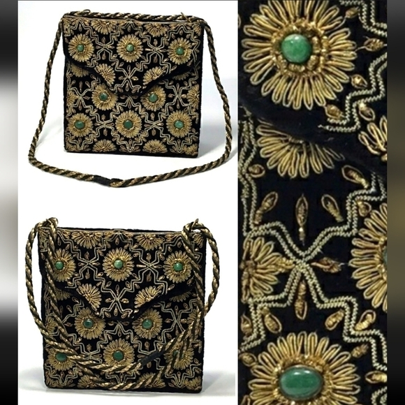 Vintage Indian Handmade Jades Embellished With Metallic Gold Details Purse - Picture 2 of 14